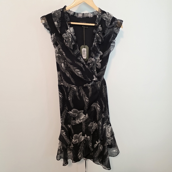 NWT All Saints Ari Mia Chiffron Black White Floral Wrap Dress Size US 10 - Picture 4 of 9